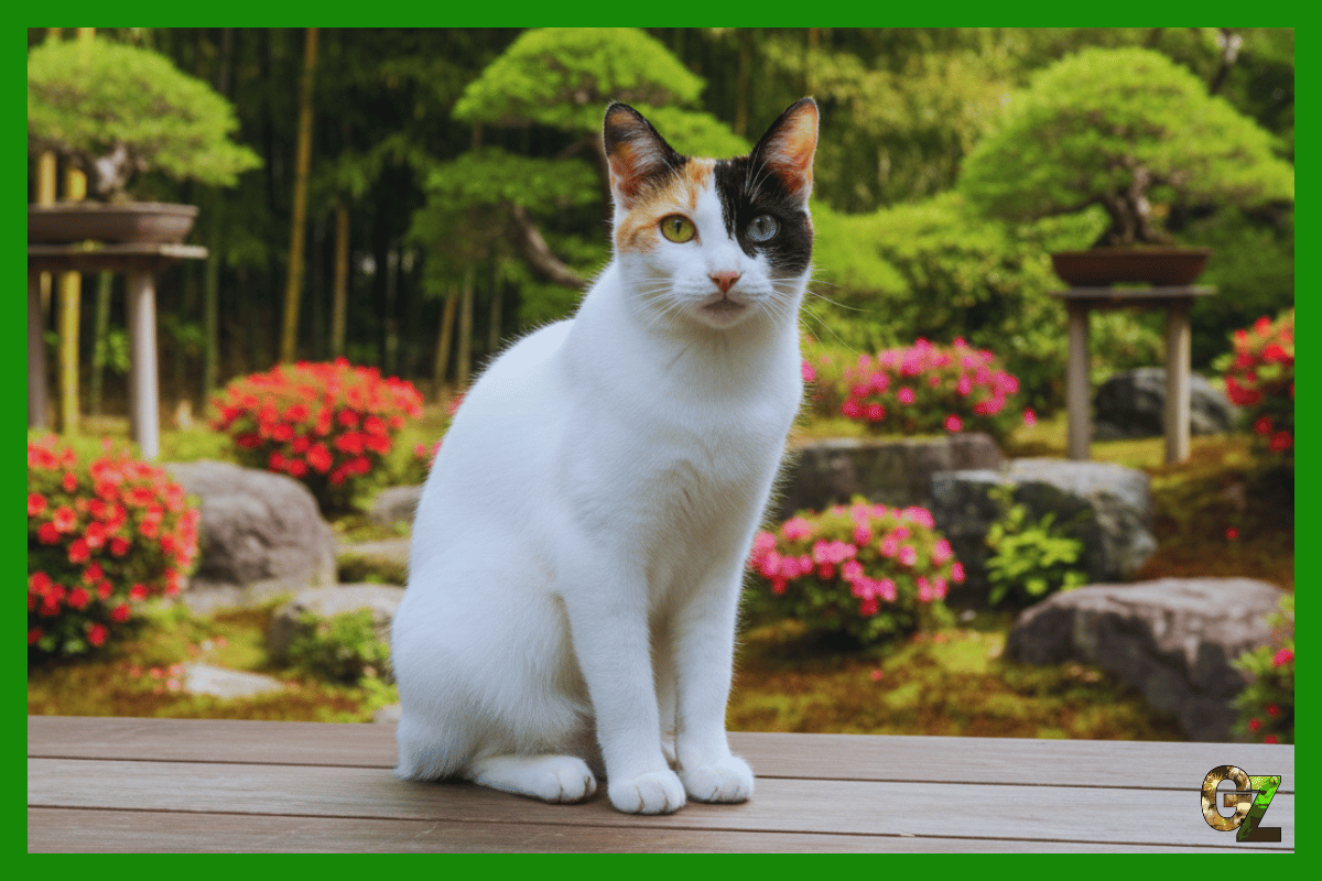 Zdrowie bobtaila japońskiego, biały kot w ogrodzie